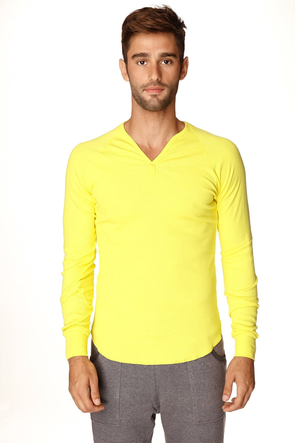 Bright yellow thermal v-neck long sleeve shirt made of warm material ideal for cold weather layering
