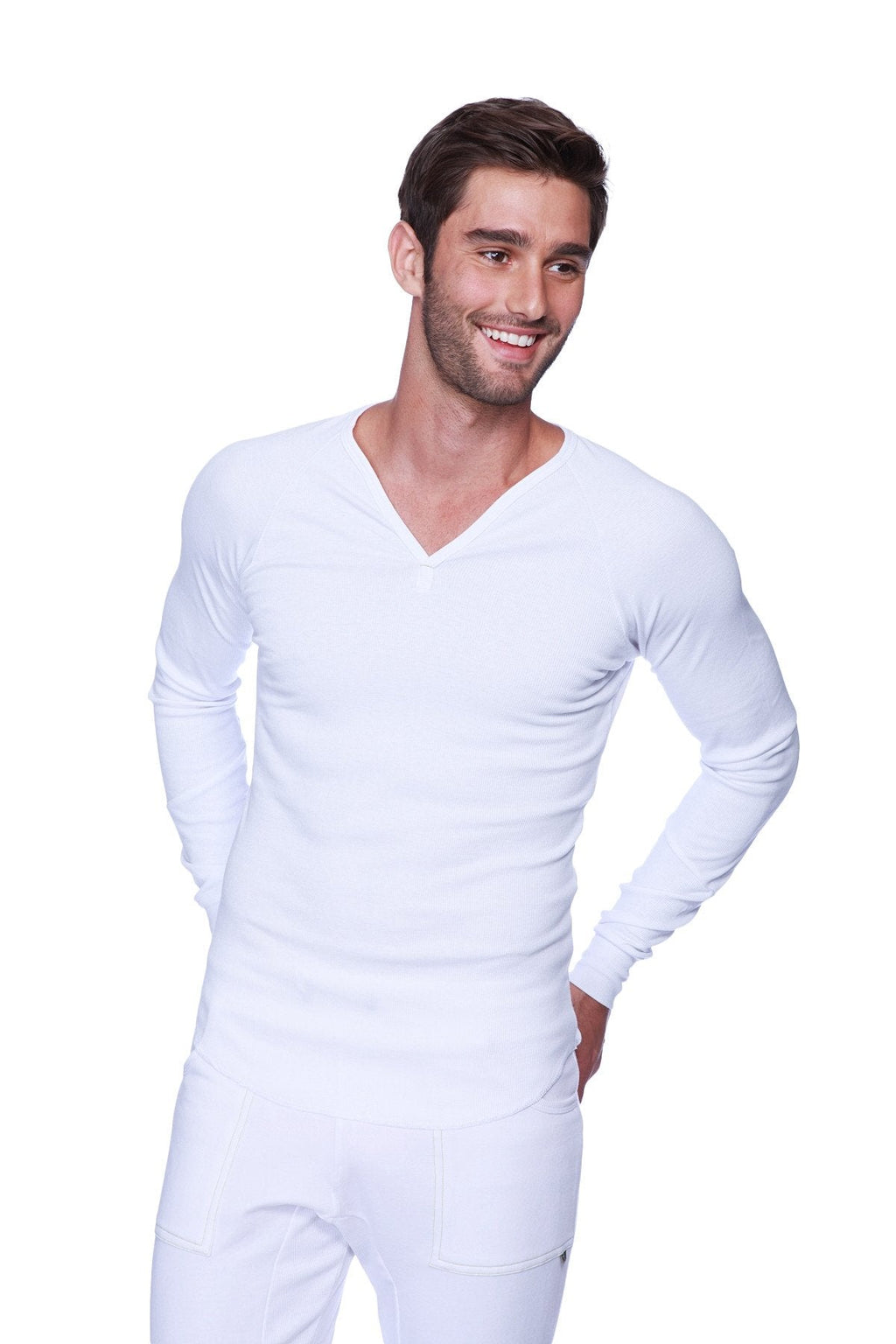 White thermal v-neck long sleeve underwear set designed for warmth and comfort in cold weather
