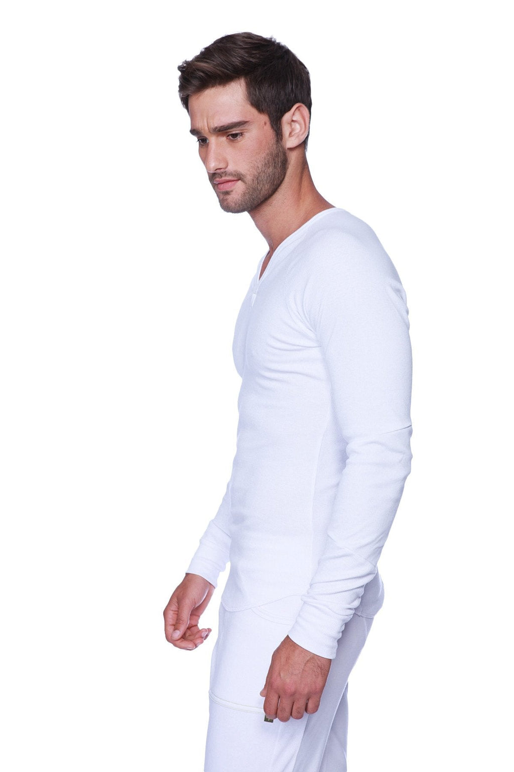 White thermal v-neck long sleeve underwear set made of warm material for cold weather layering