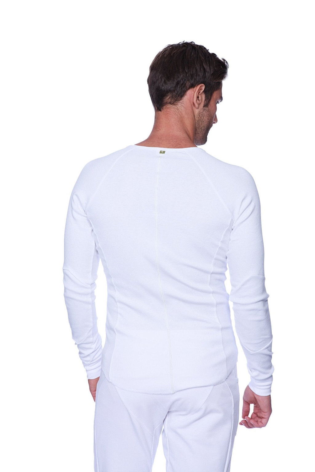 White thermal v-neck long sleeve shirt for men with subtle seam detailing and crew neck features