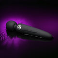 Black silicone rechargeable massager wand with rounded head ergonomic handle and silver logo thunderstick premium model