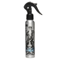 Silver deep throat spray bottle with black trigger nozzle and graphic label of man riding another labeled tom of finland