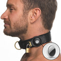 Black leather tracer tracking collar with gold padlock and silver circular tracking device attached