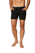 Black transition yoga shorts with sleek modern design and subtle side branding ideal for active wear