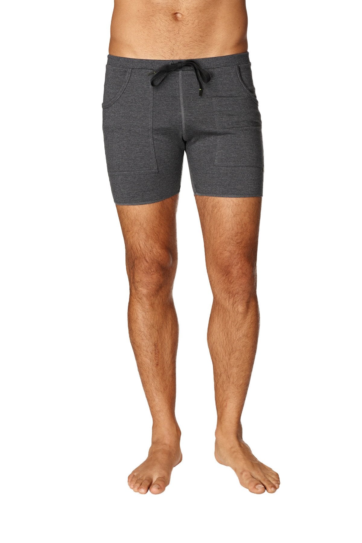 Transition yoga short charcoal with black dark gray heathered fabric shorts with drawstring waistband and side pockets
