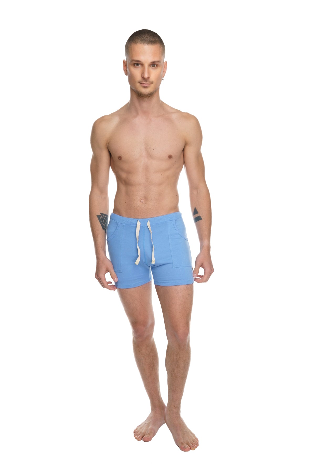 Light blue transition yoga shorts with white drawstrings designed for athletic and comfortable wear