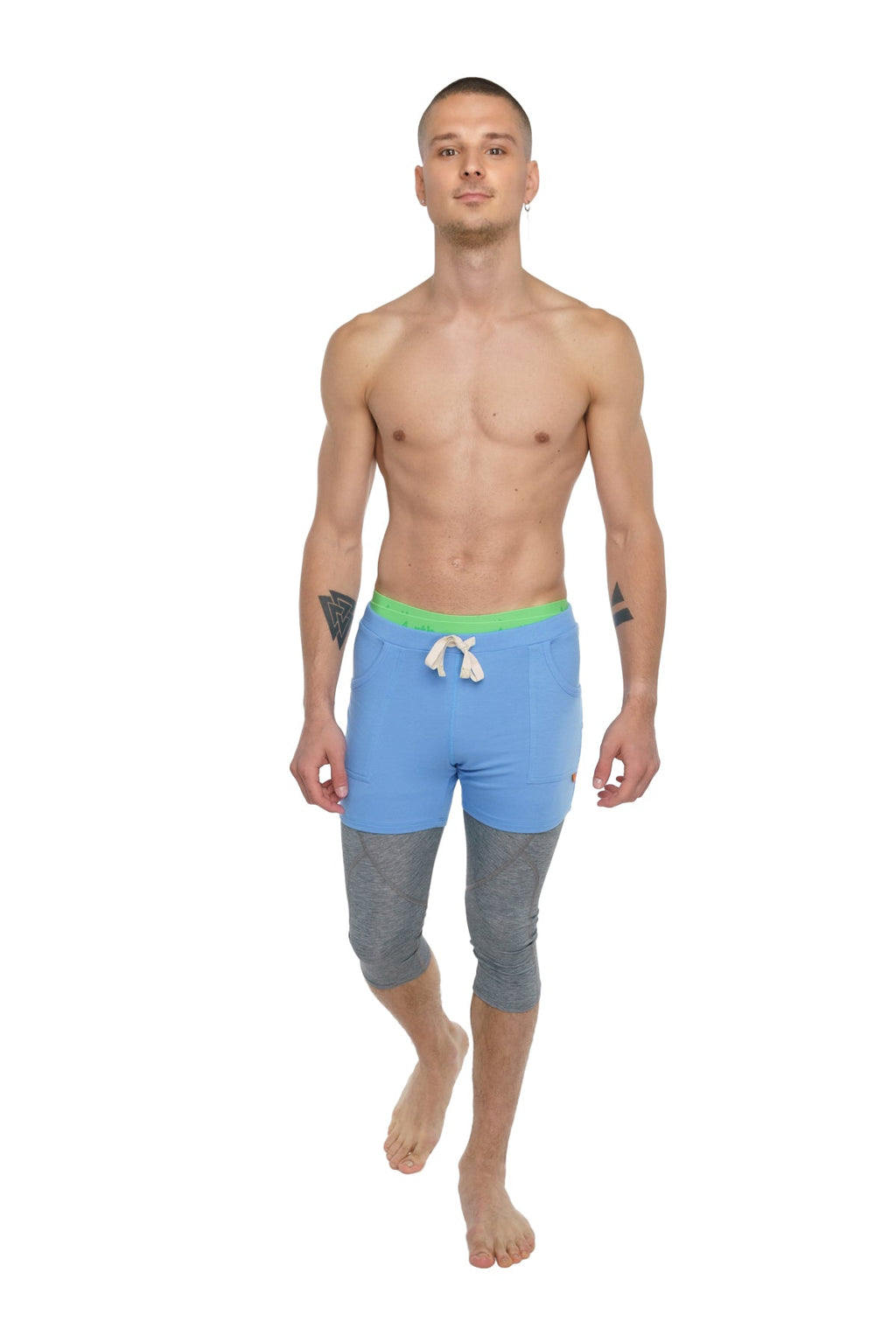 Transition yoga short ice blue swim trunks in blue and gray two-tone with lime green waistband and white drawstring