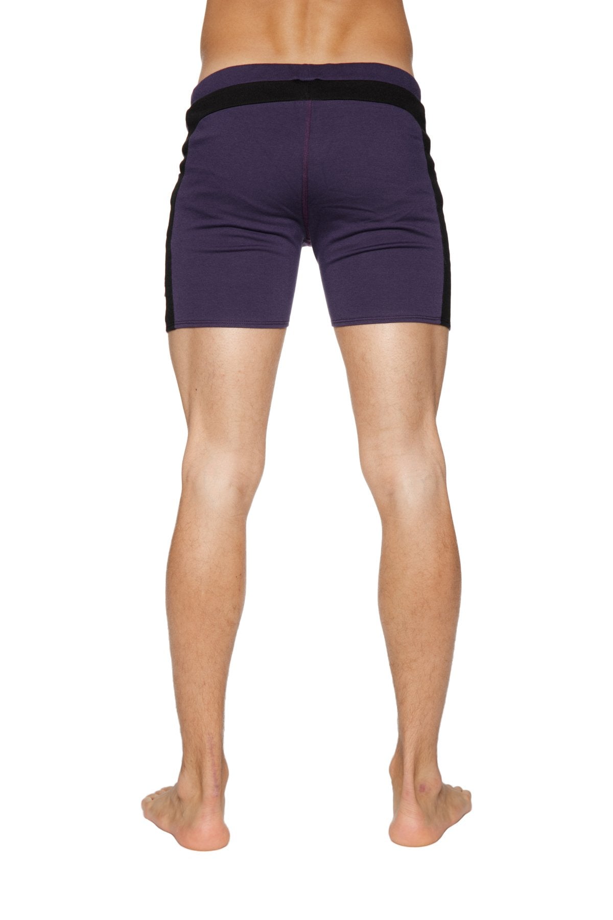 Purple transition yoga shorts with black side stripes and matching elastic waistband for athletic wear