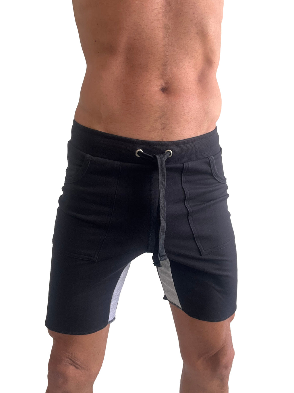 Black tri-color ultra-flex yoga track shorts with gray side panel and matching drawstring waistband for athletic use
