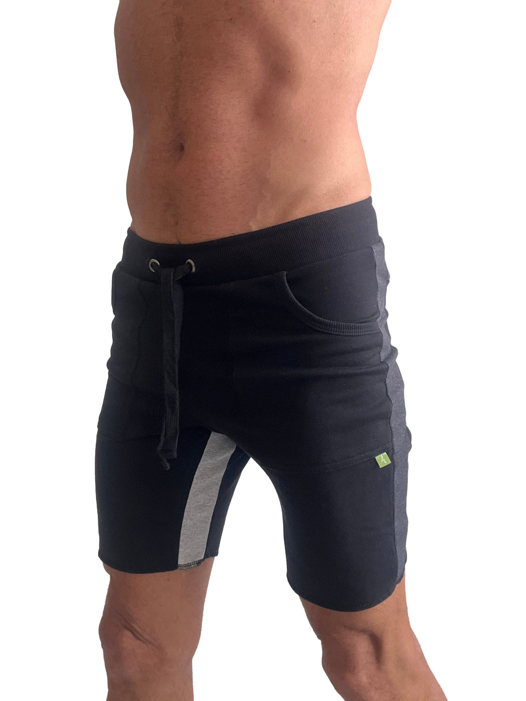 Black tri-color ultra-flex yoga track shorts with gray side panels and drawstring waistband for athletic wear