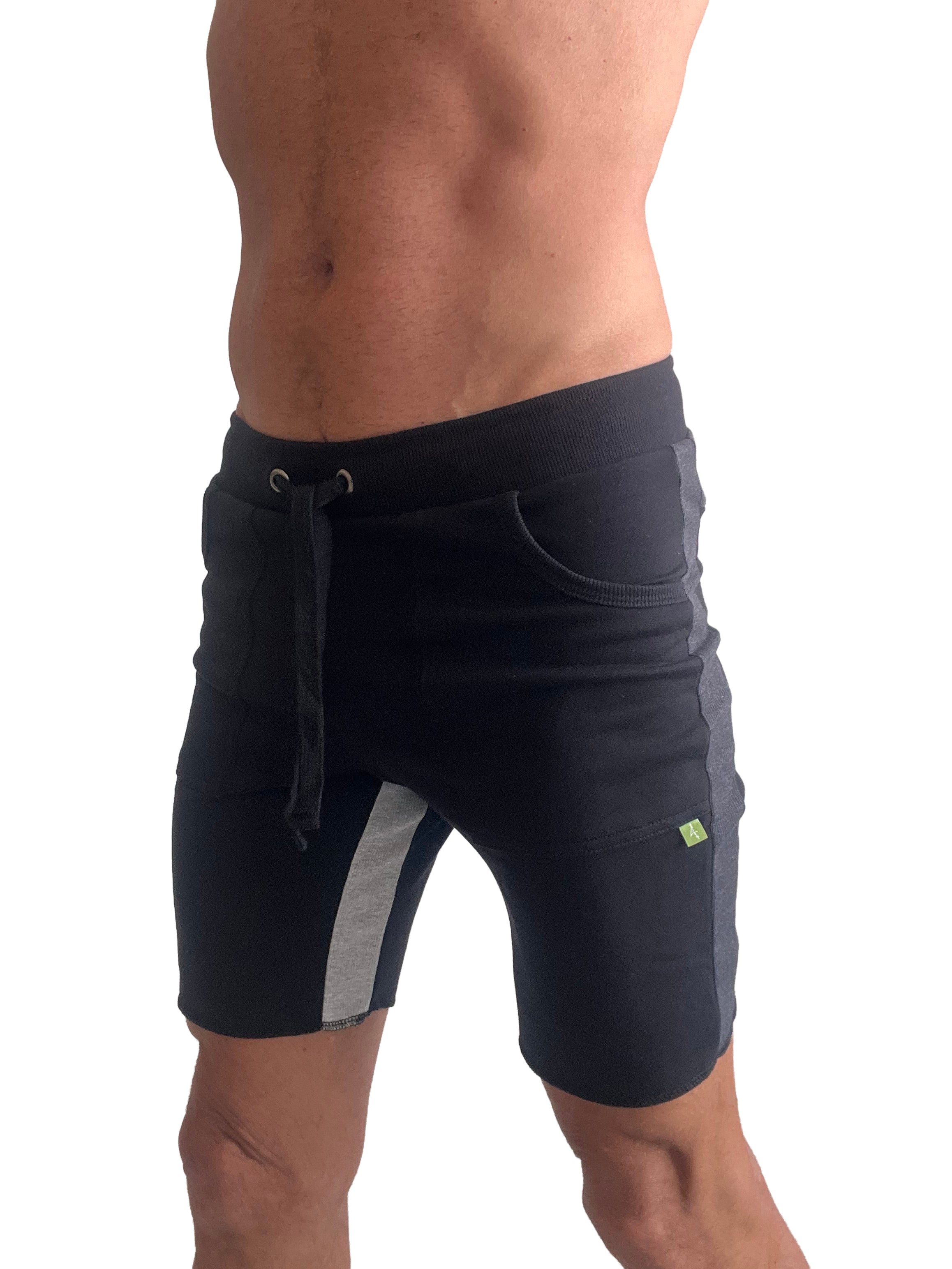 Black tri-color ultra-flex yoga track shorts with gray side panels and drawstring waistband for athletic wear