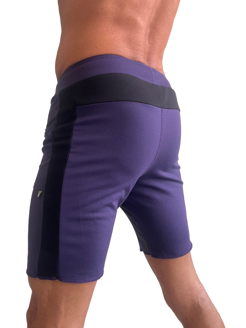 Purple tri-color ultra-flex yoga track shorts with black side panels and contrasting elastic waistband for athletic use