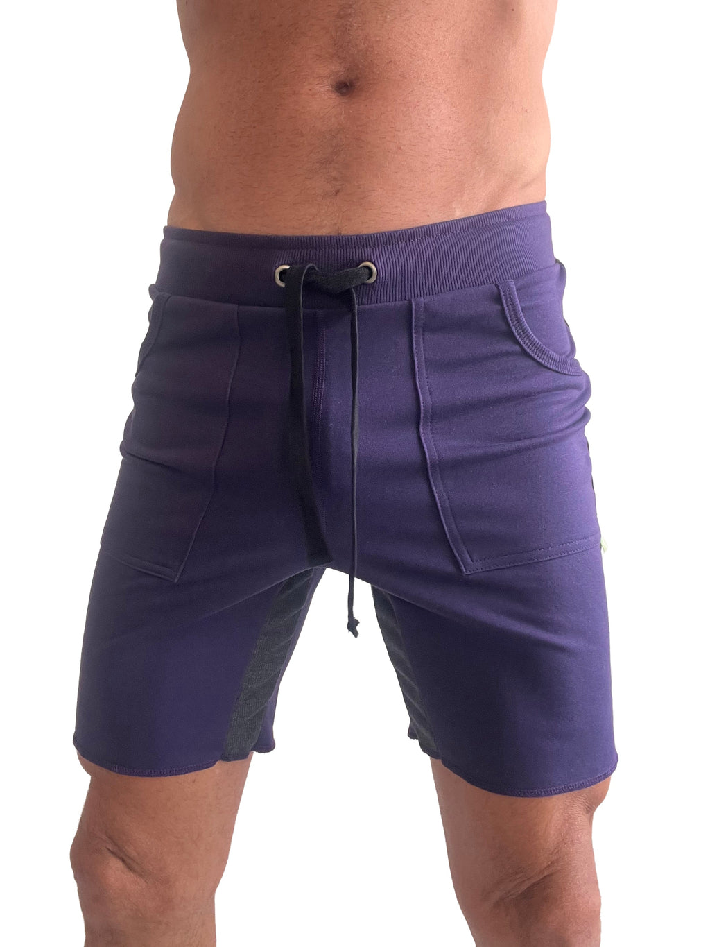 Purple tri-color ultra-flex yoga track shorts with drawstring waistband and two front pockets for athletic use