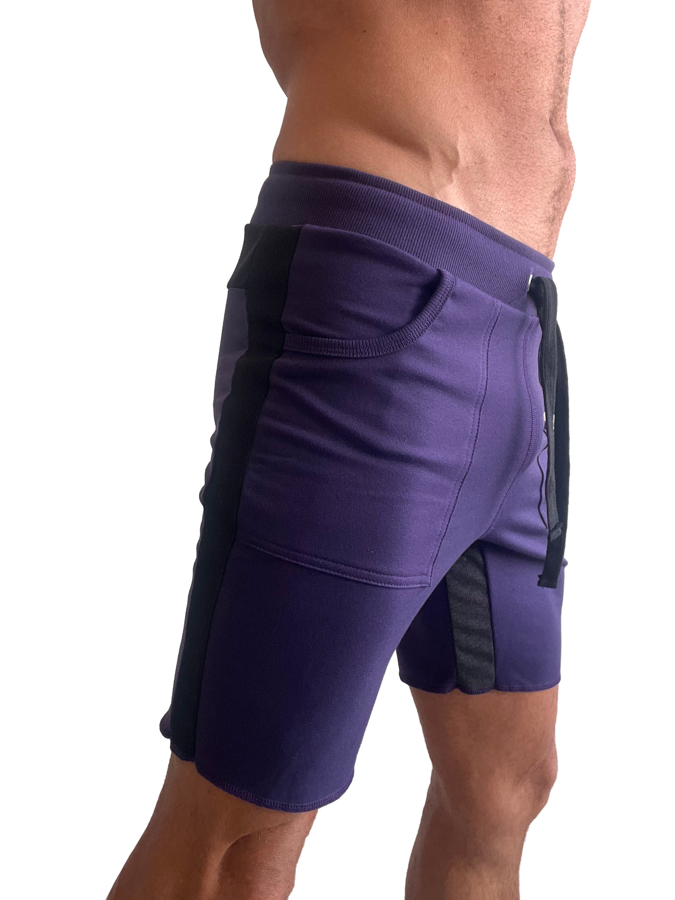 Purple tri-color ultra-flex yoga track shorts with black and charcoal side panels and matching drawstring waistband