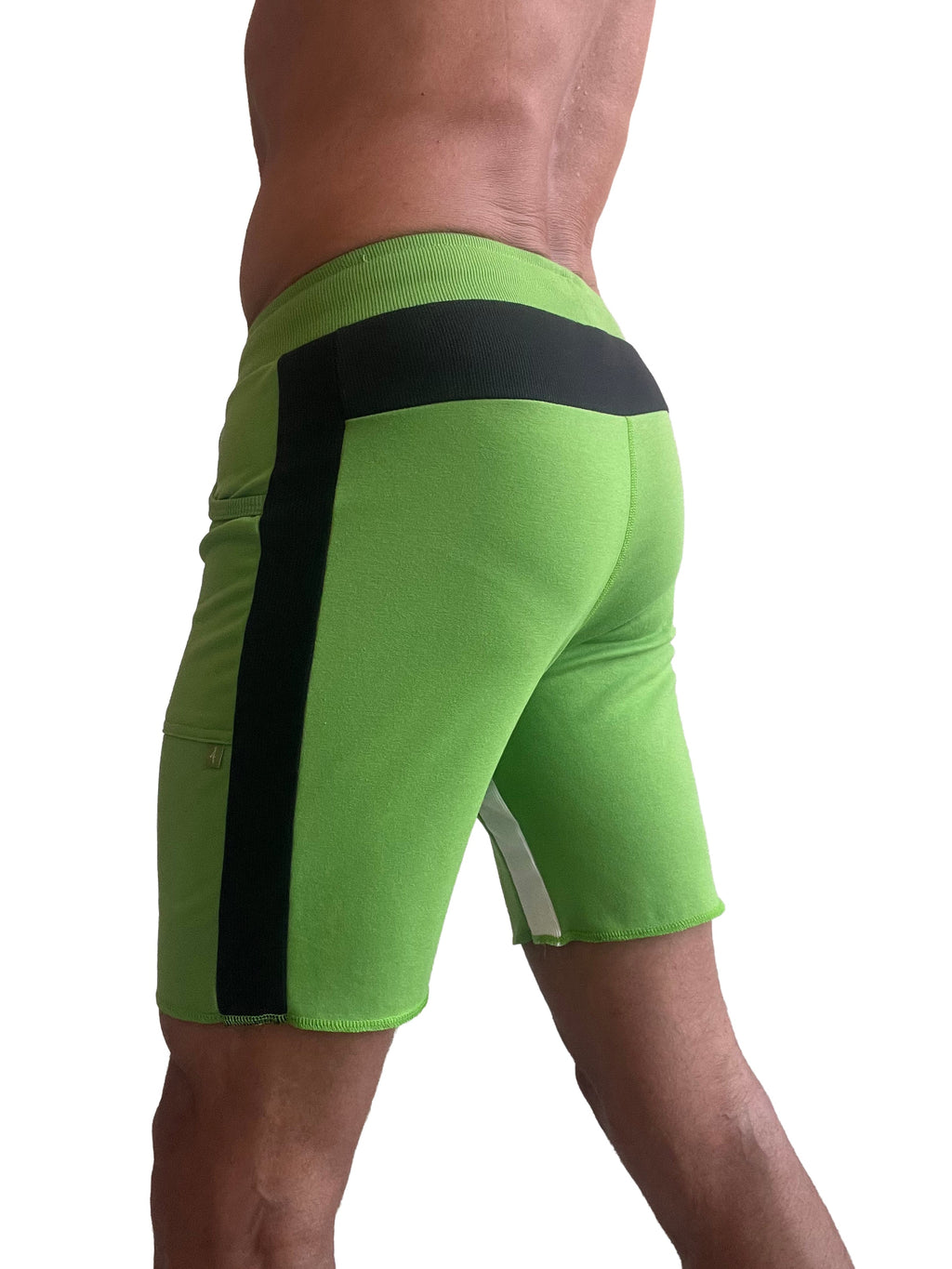 Bright green tri-color ultra-flex yoga track shorts with black side stripe waistband ribbed texture for athletic use