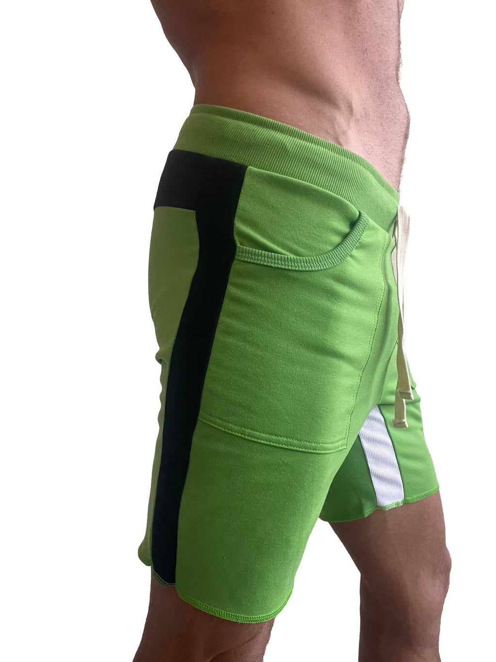Bright green tri-color ultra-flex yoga track shorts with black and white side panels ribbed waistband and drawstring