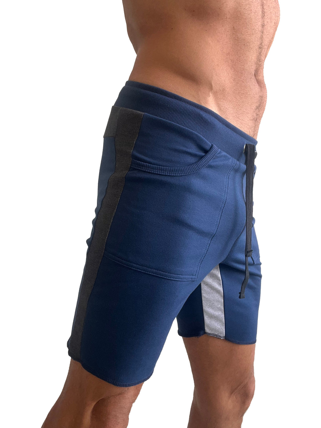Navy blue tri-color ultra-flex yoga track shorts with black silver panels elastic waistband and side drawstring