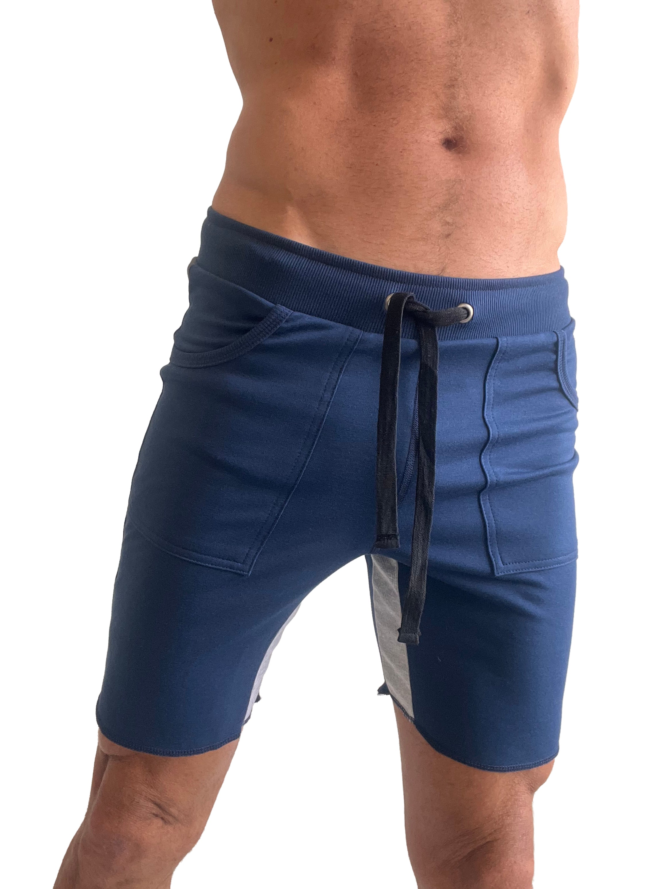 Tri-color ultra-flex yoga track short in royal blue with ribbed waistband, black drawstring, and white side panels