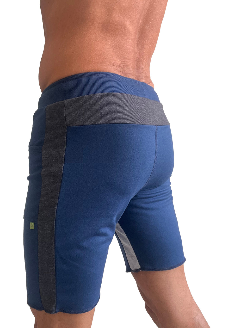 Blue tri-color ultra-flex yoga track shorts with gray waistband and black side panels designed for athletic use