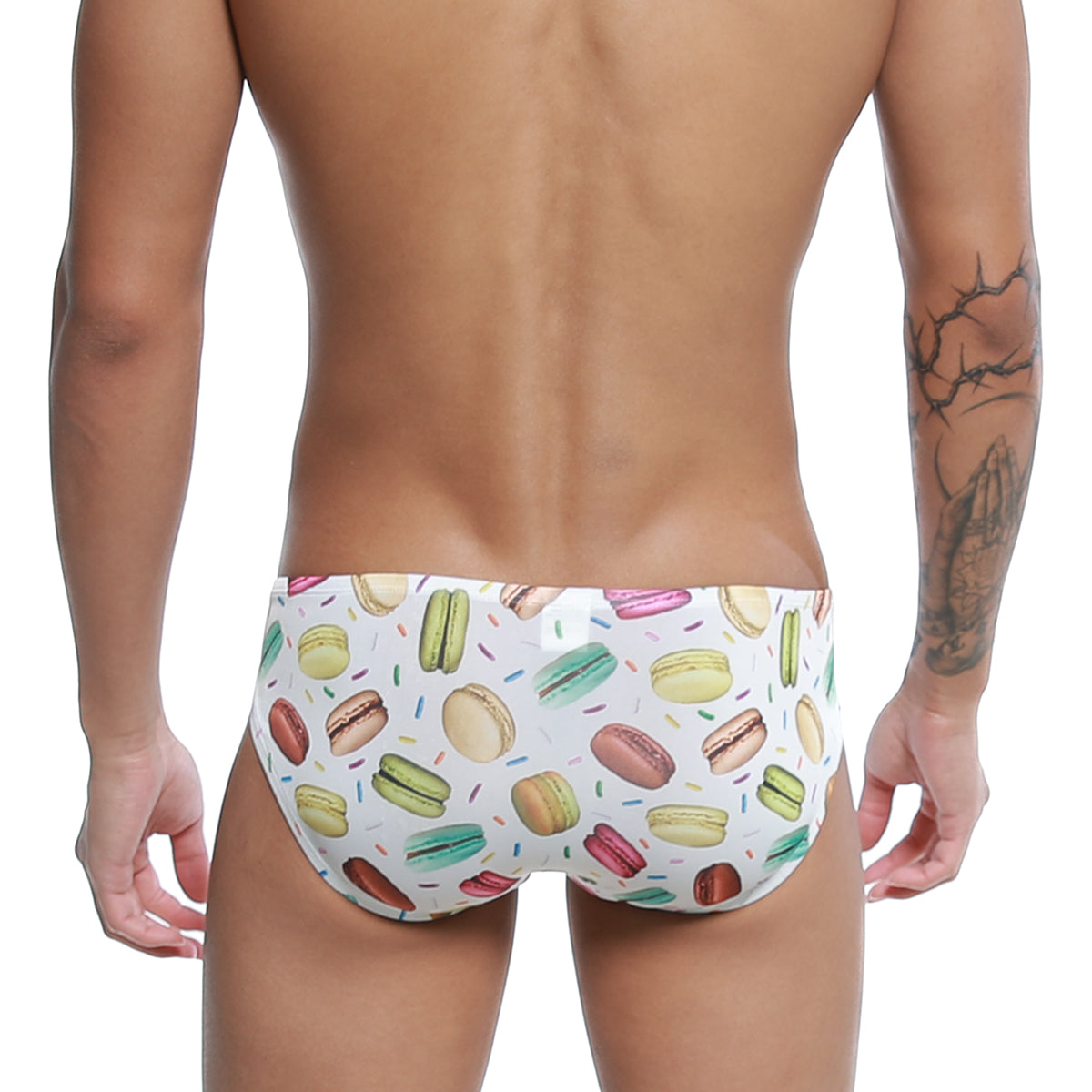 White swim trunks with colorful macaron and sprinkle pattern from u-station macaron bikini u0022-112 collection