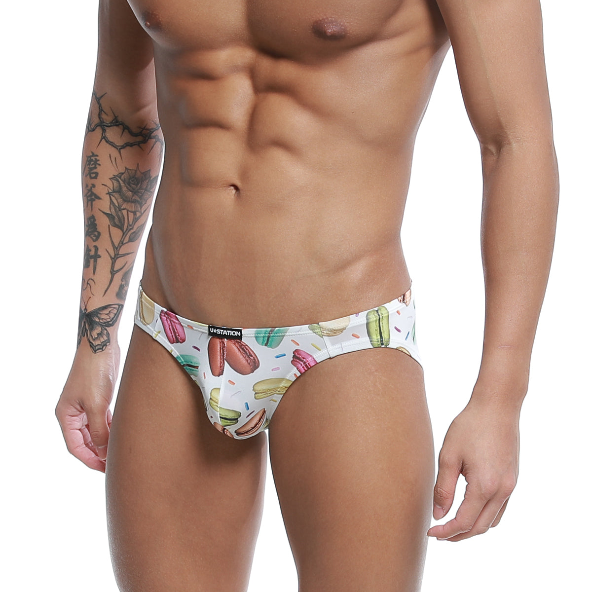 White briefs with colorful pink green and brown macaron pattern from u-station macaron bikini u0022-112 collection
