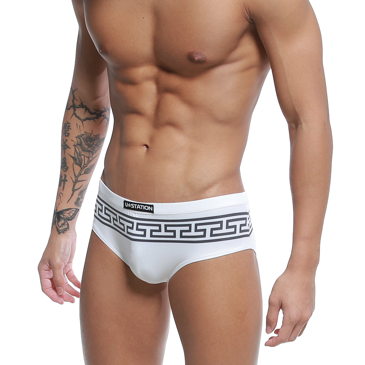 White men’s briefs with black Greek key waistband and ua station logo in black, model U-Station Greek Bikini Black U0042-111