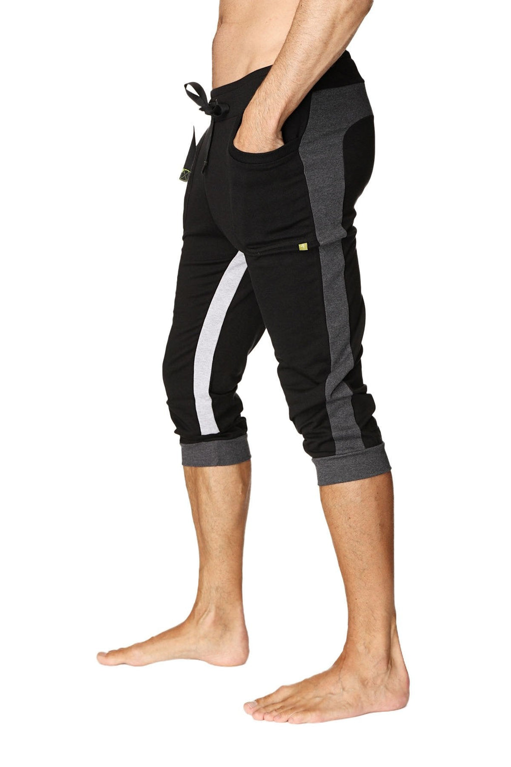 Black and gray ultra-flex tri-color cuffed yoga pant with white side stripe elastic cuffs and drawstring waistband