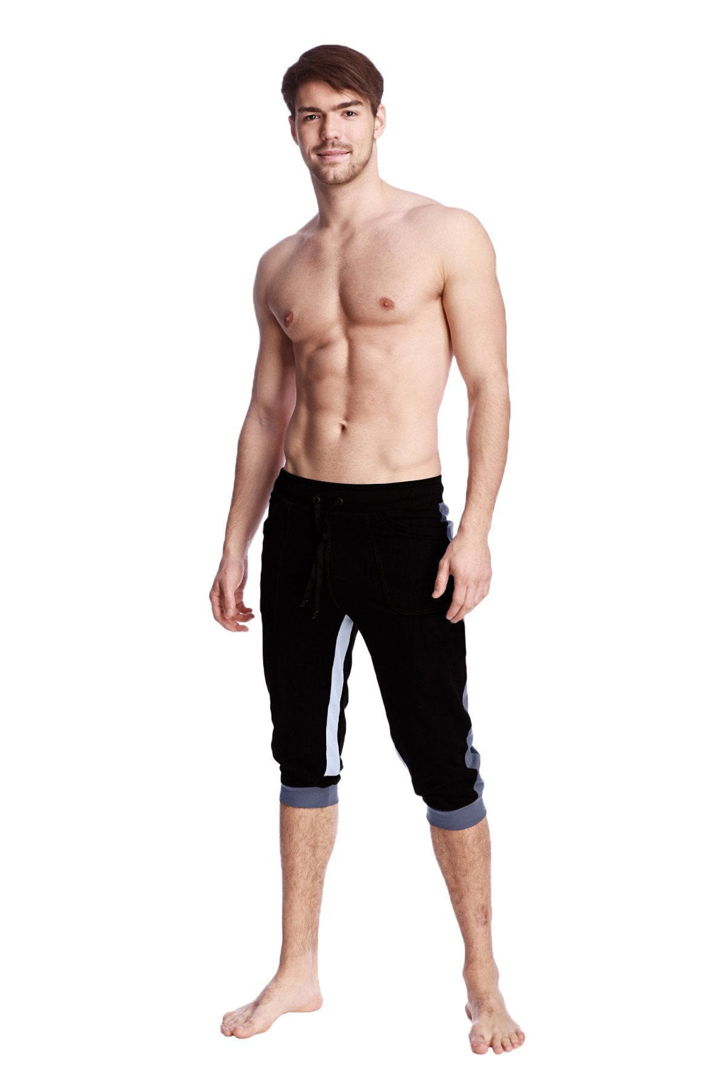 Black ultra-flex tri-color cuffed yoga capri pants with white and gray side stripes for athletic use