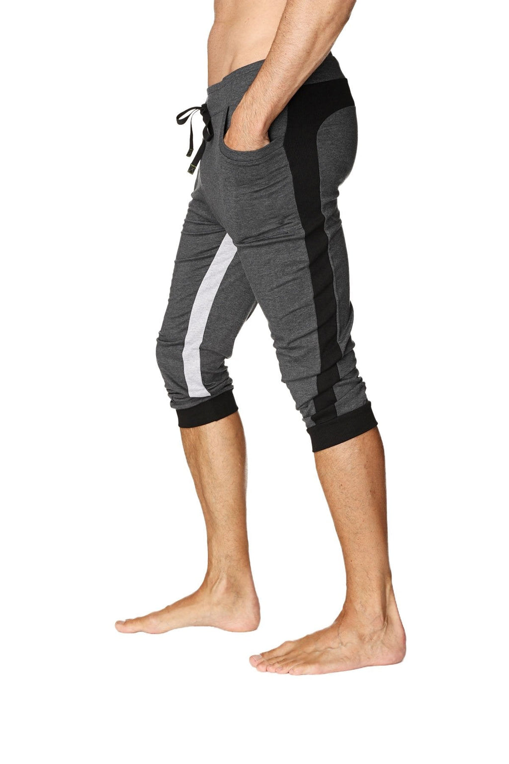 Gray and black ultra-flex tri-color cuffed yoga capri pants with white side stripe for athletic wear