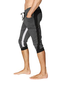Gray and black ultra-flex tri-color cuffed yoga capri pants with white side stripe for athletic wear