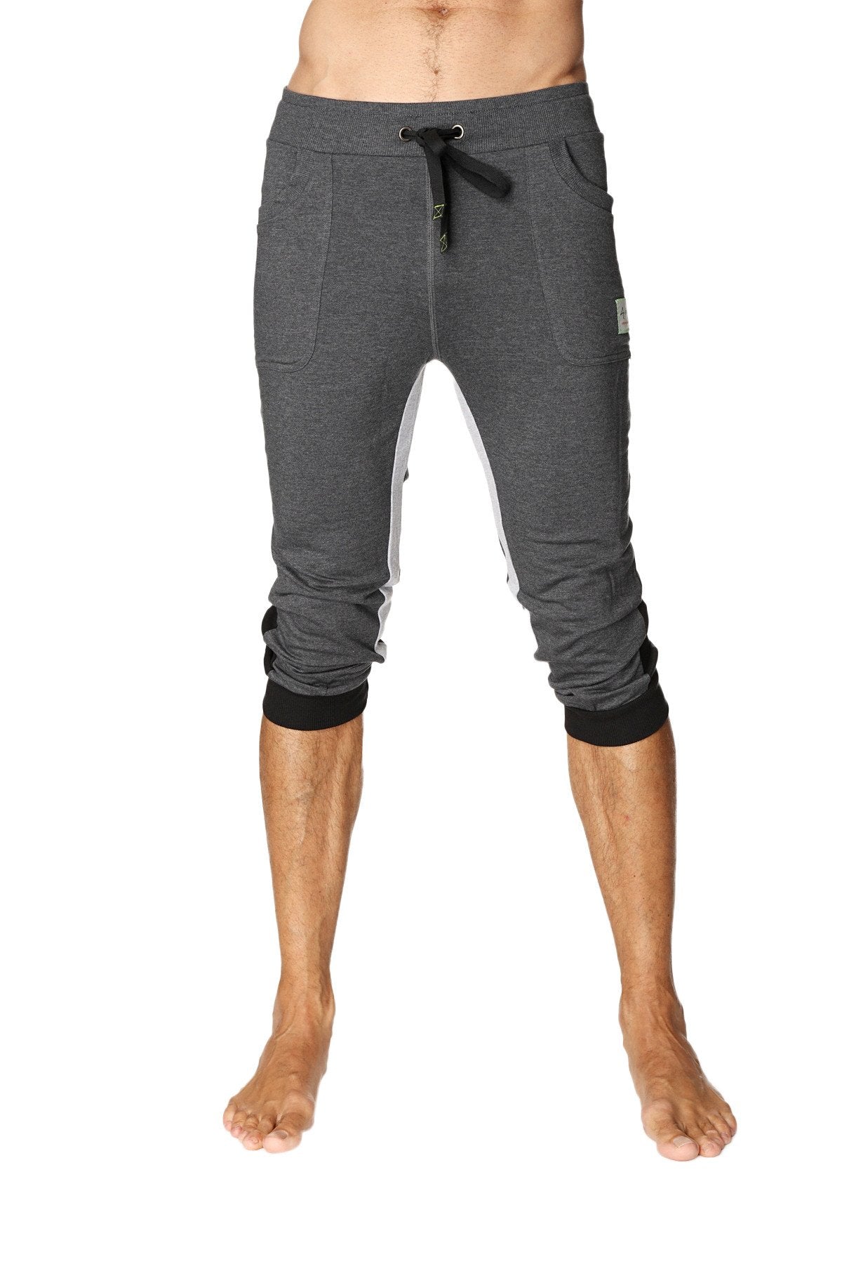 Gray heathered ultra-flex tri-color cuffed yoga pant with black drawstring waistband and white side panels