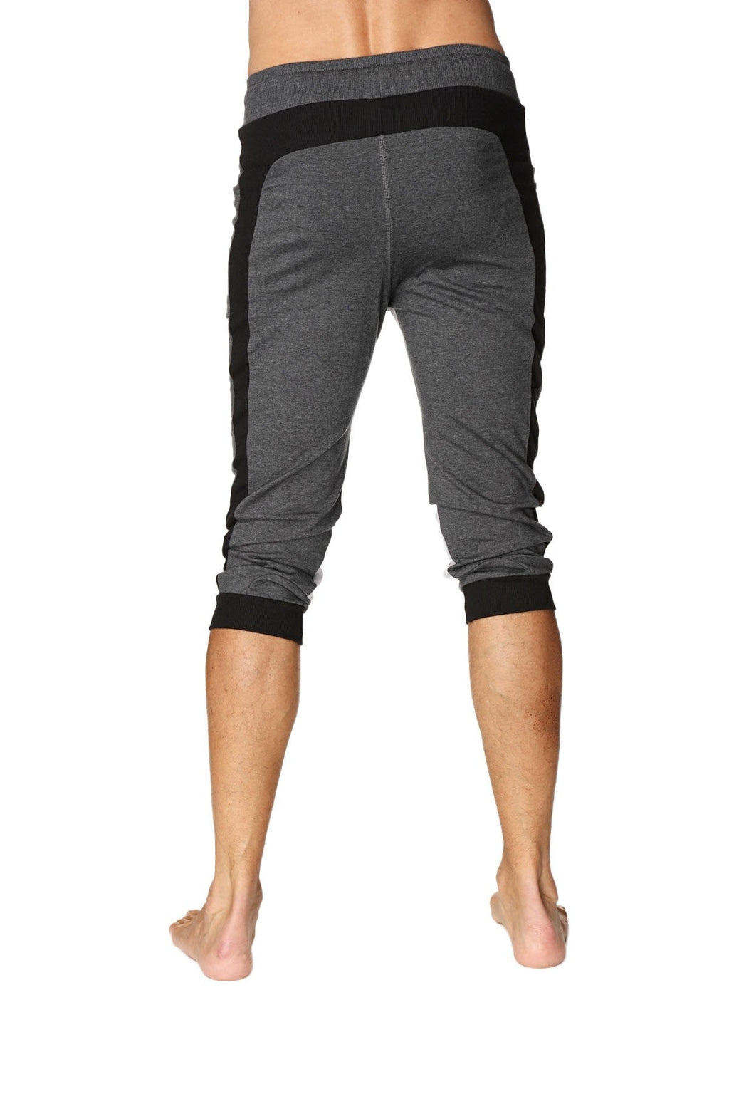 Ultra-flex tri-color cuffed yoga pant in charcoal with black and grey textured fabric and elastic cuffs