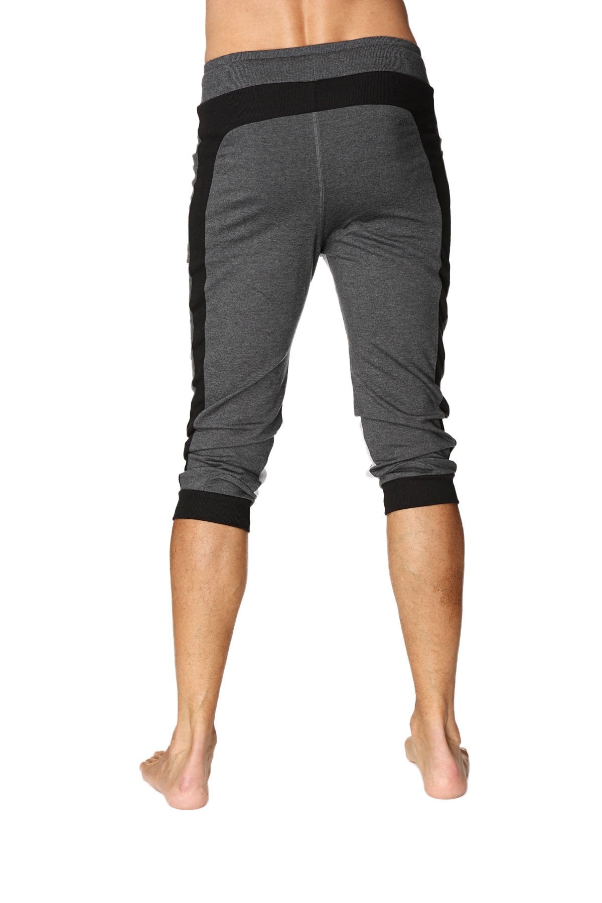 Ultra-flex tri-color cuffed yoga pant in charcoal with black and grey textured fabric and elastic cuffs