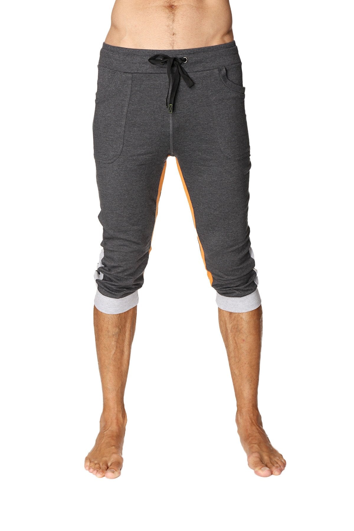 Gray heathered ultra-flex tri-color cuffed yoga capri pants with black drawstring waistband and rolled cuffs