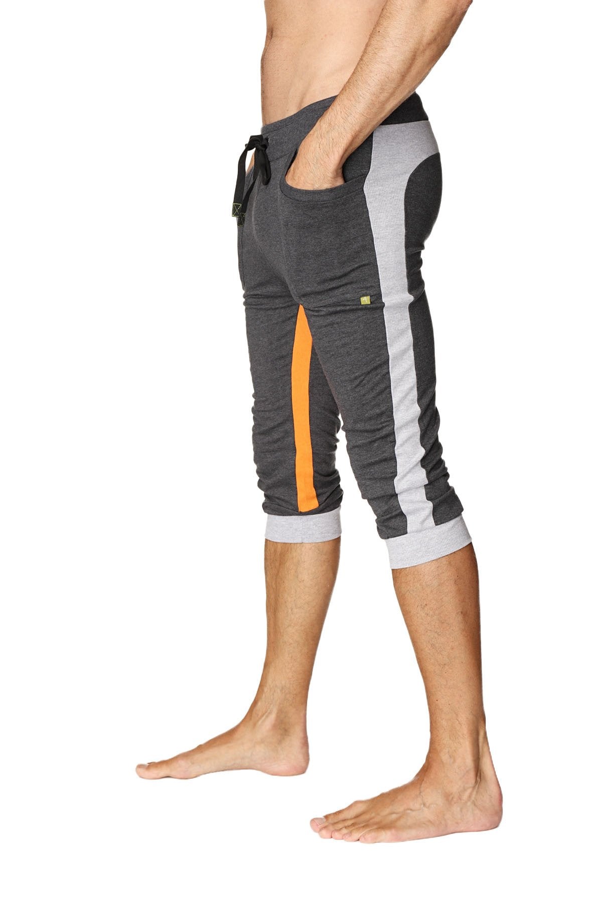 Gray and orange ultra-flex tri-color cuffed yoga capri pants with gray side stripe elastic cuffs and drawstring waistband