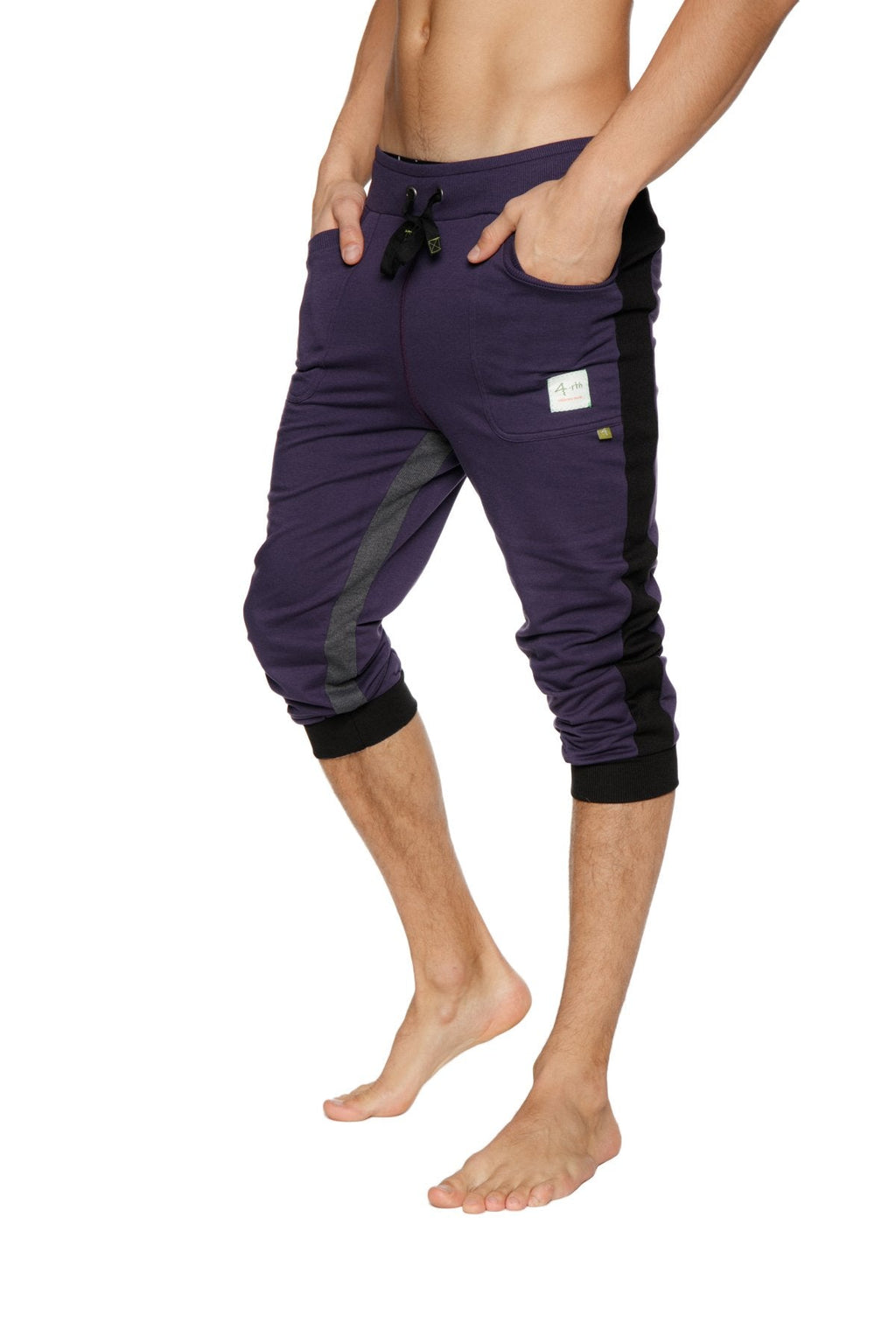 Ultra-flex tri-color eggplant capri joggers with black side panels and elastic cuffs for yoga and active wear