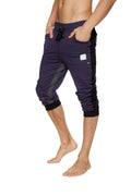 Ultra-flex tri-color eggplant capri joggers with black side panels and elastic cuffs for yoga and active wear