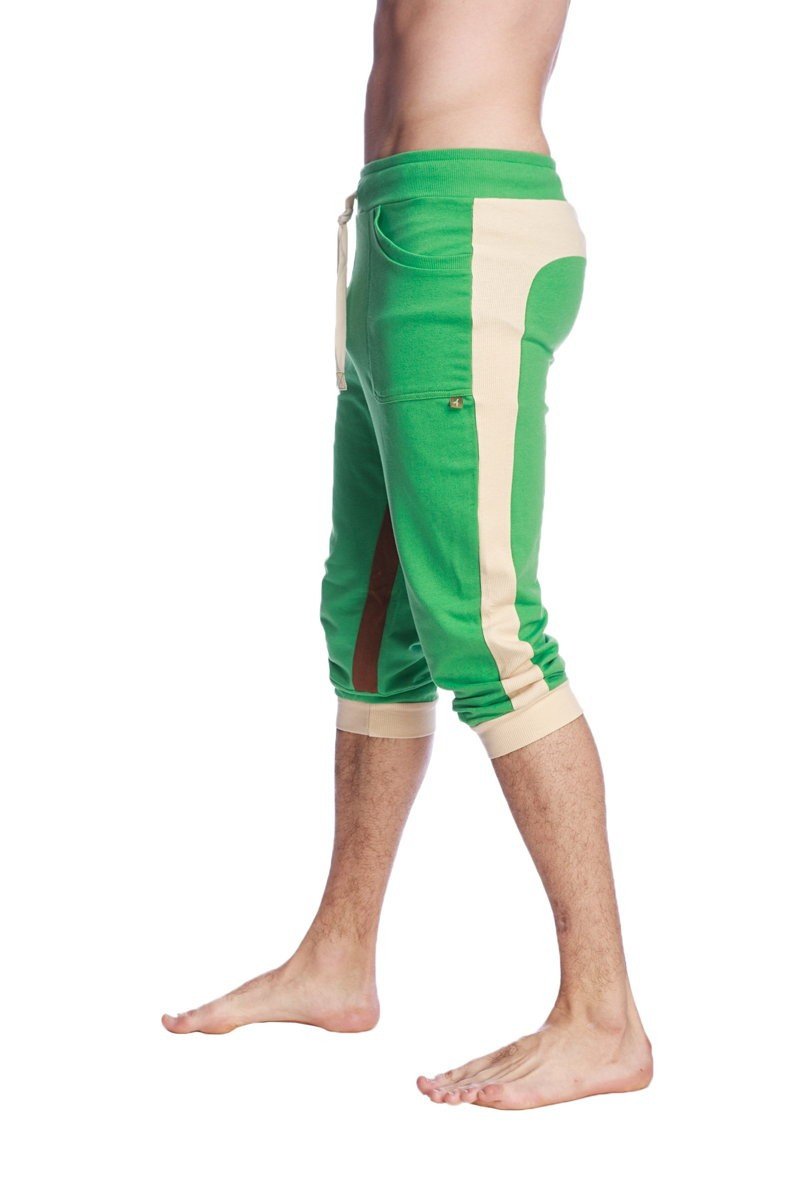 Ultra-flex tri-color cuffed yoga pant in green sand and chocolate with drawstring waistband and athletic capri style
