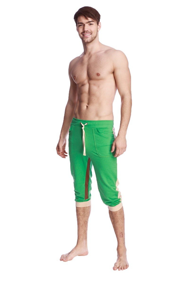 Green ultra-flex tri-color cuffed yoga pant with white drawstring and side panels in capri-length athletic style