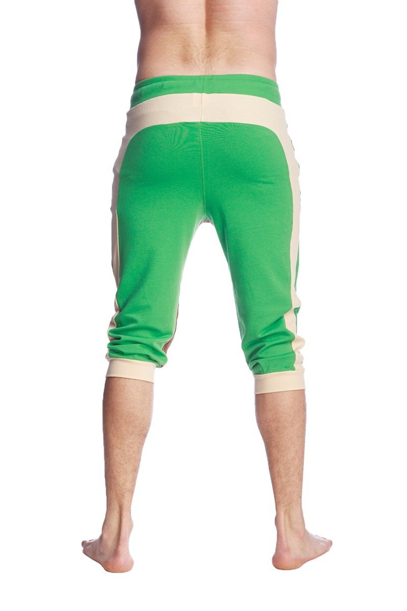 Green and cream ultra-flex tri-color cuffed yoga pants with ribbed waistband side stripes and rolled cuffs