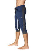 Navy blue ultra-flex tri-color cuffed yoga pant with gray side panels white stripe and elastic waistband with drawstring