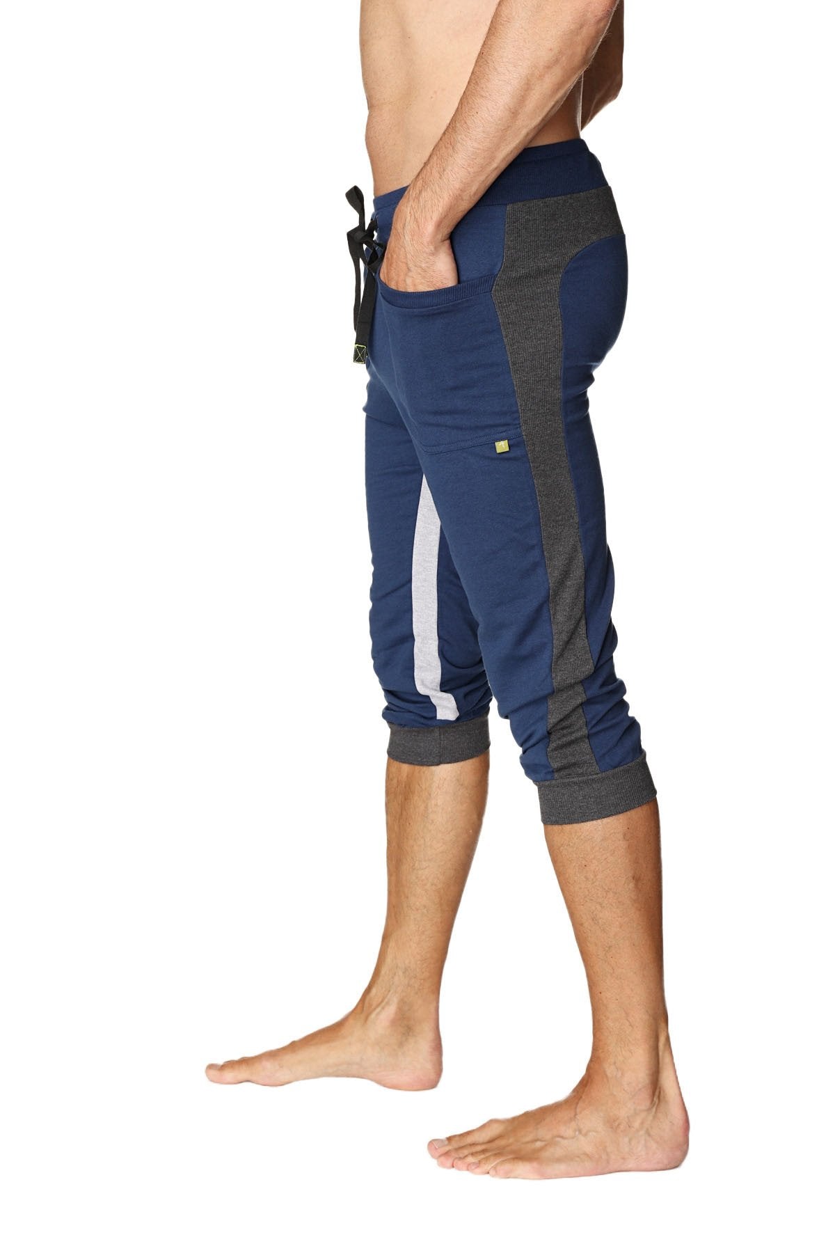 Navy blue and gray ultra-flex tri-color cuffed yoga capri pants with white stripe accents for athletic use