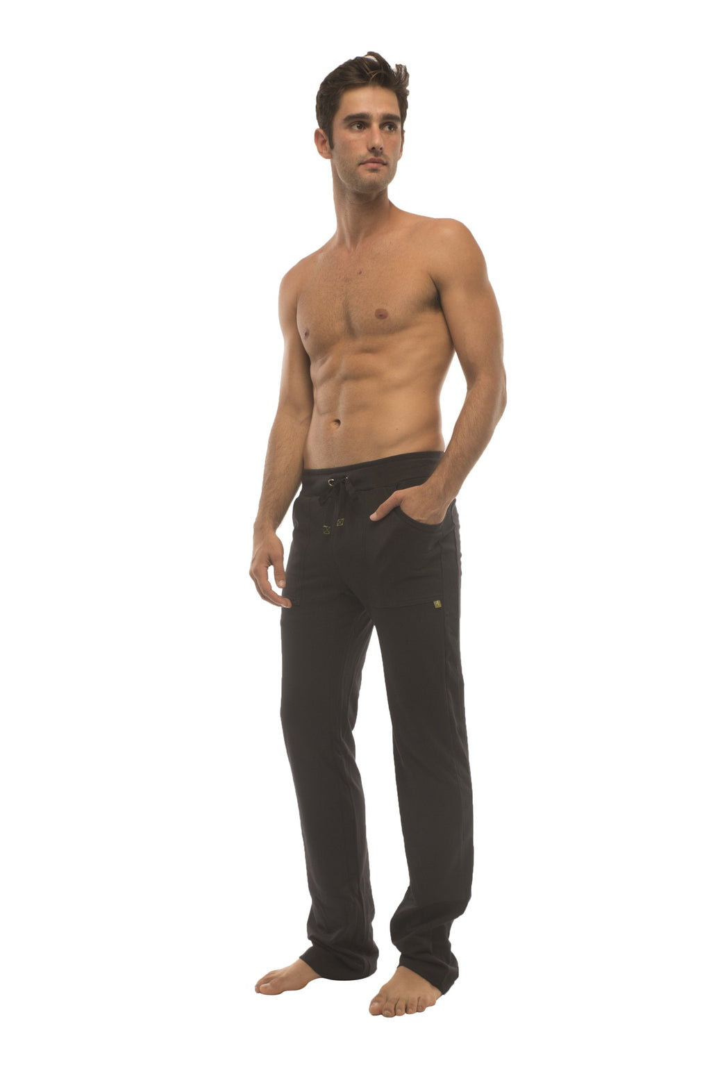 Black ultra flex yoga track and sweat pants with drawstring waist and subtle green logo on thigh for flexible comfort