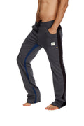 Charcoal ultra flex yoga sweat pant with black and royal side stripes, drawstring waist, and white brand patch on thigh