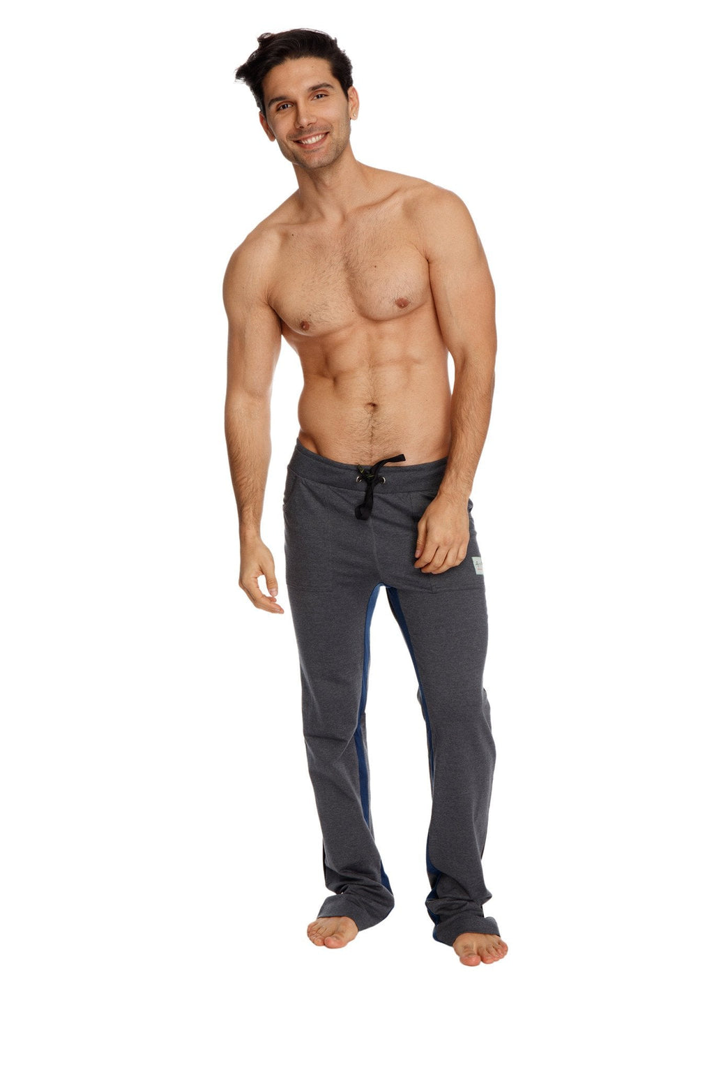 Dark gray ultra flex yoga track pant with drawstring waistband and subtle blue side stripes for comfortable workouts