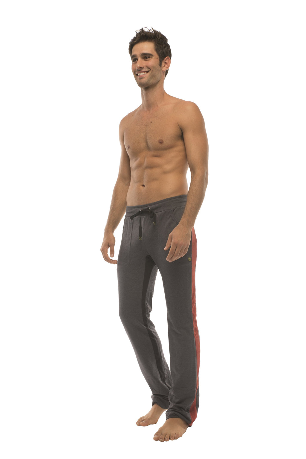 Dark gray ultra flex yoga track and sweatpants with red side stripe and drawstring waistband for active wear