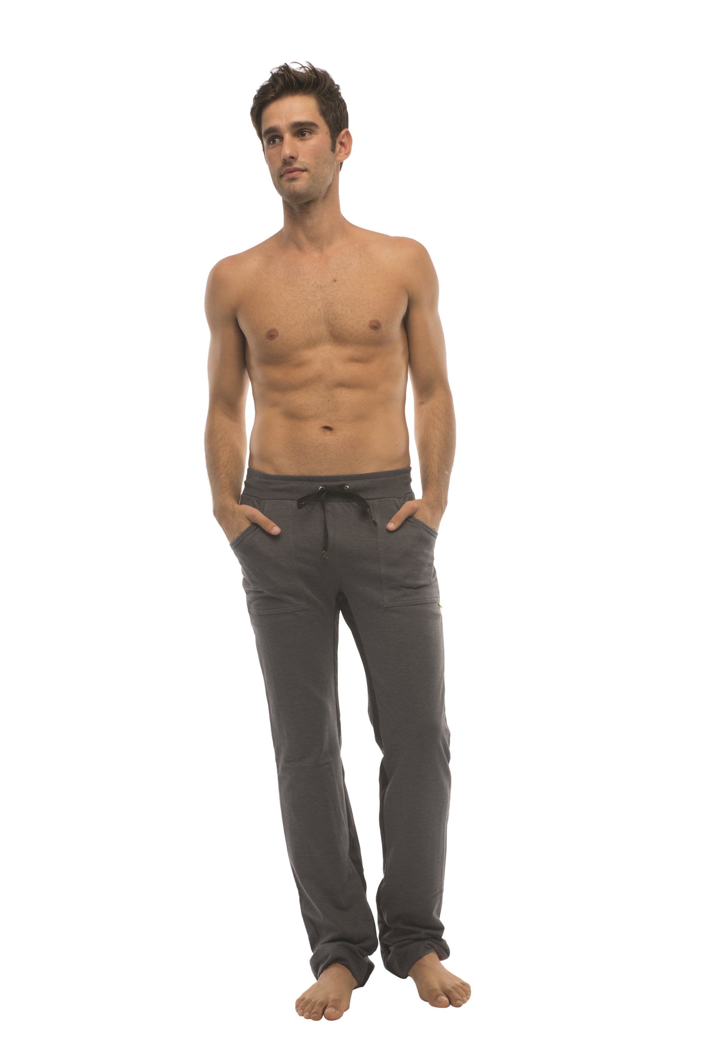 Dark gray ultra flex yoga sweat pants with drawstring waistband designed for comfort and flexibility in yoga and lounging