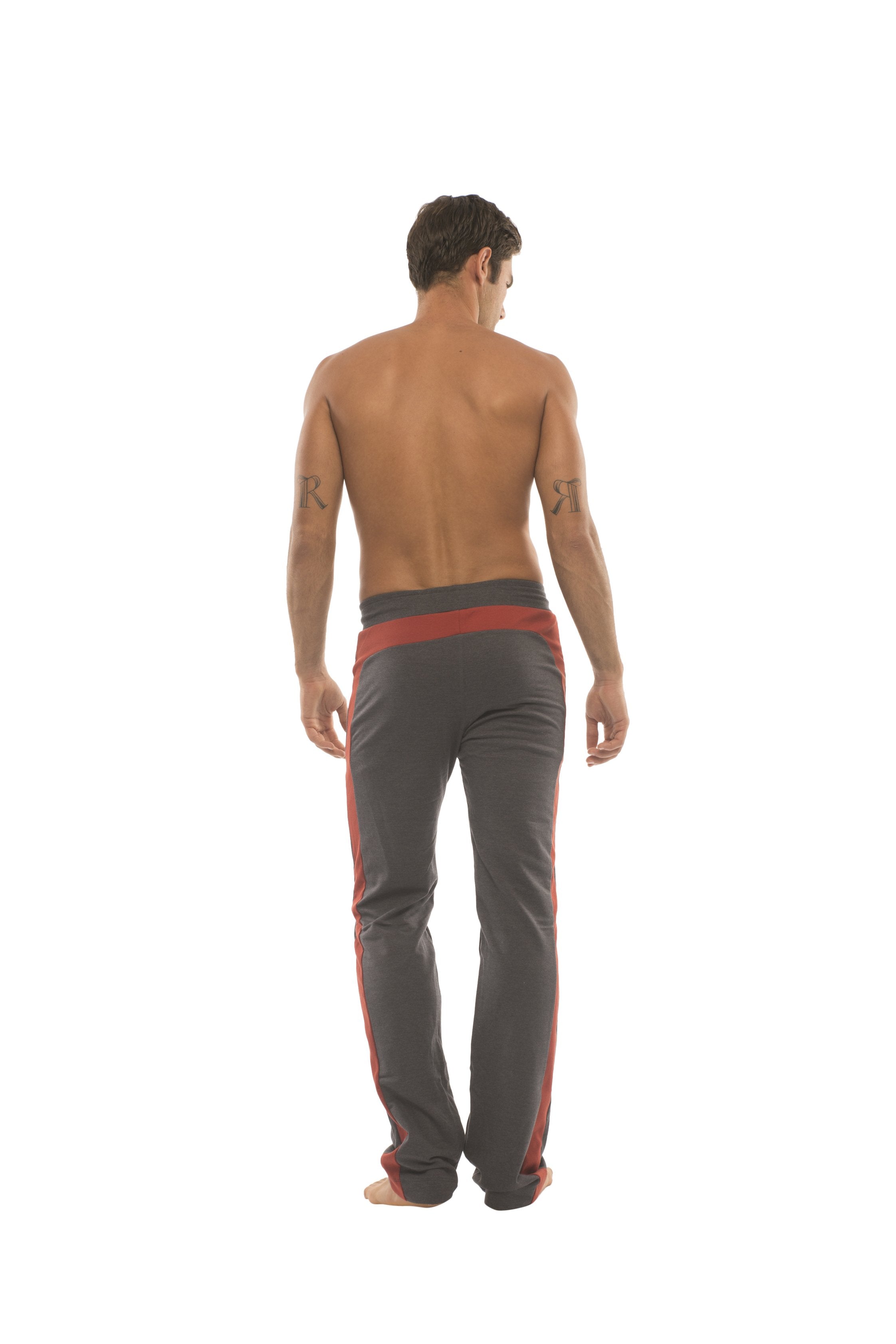 Charcoal ultra flex yoga sweat pant with cinnabar red side stripes and waistband designed for flexible workouts