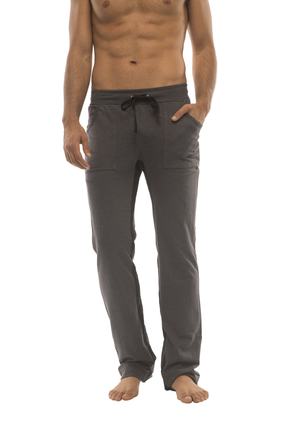 Dark gray ultra flex yoga sweat pant with comfortable fit black drawstring waistband and side pockets for active wear