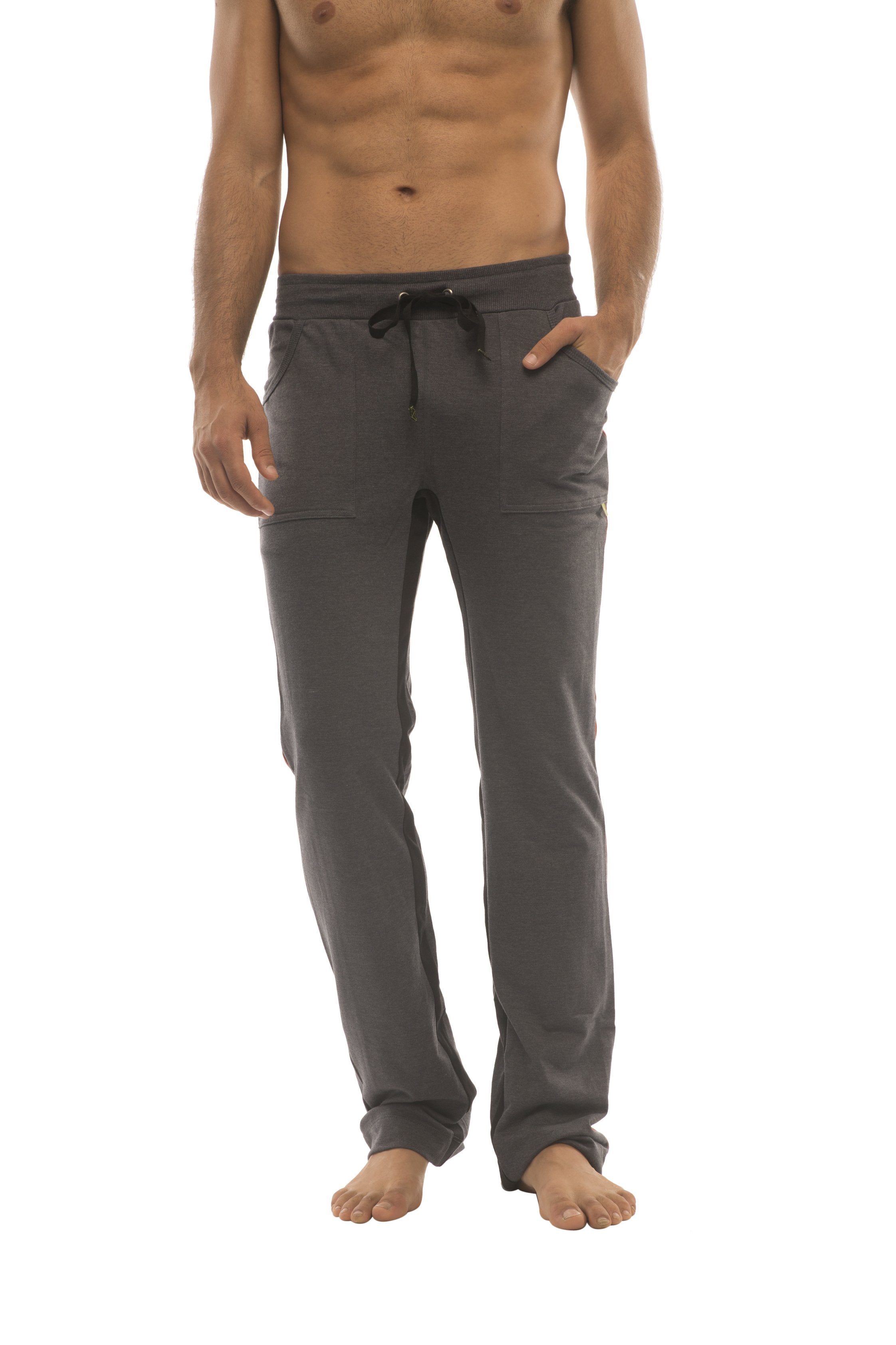 Dark gray ultra flex yoga sweat pant with comfortable fit black drawstring waistband and side pockets for active wear